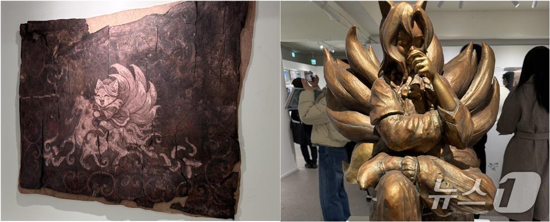 본문 이미지 - 천마총 동물구미도(왼쪽)과 금동새로반가사유상. 