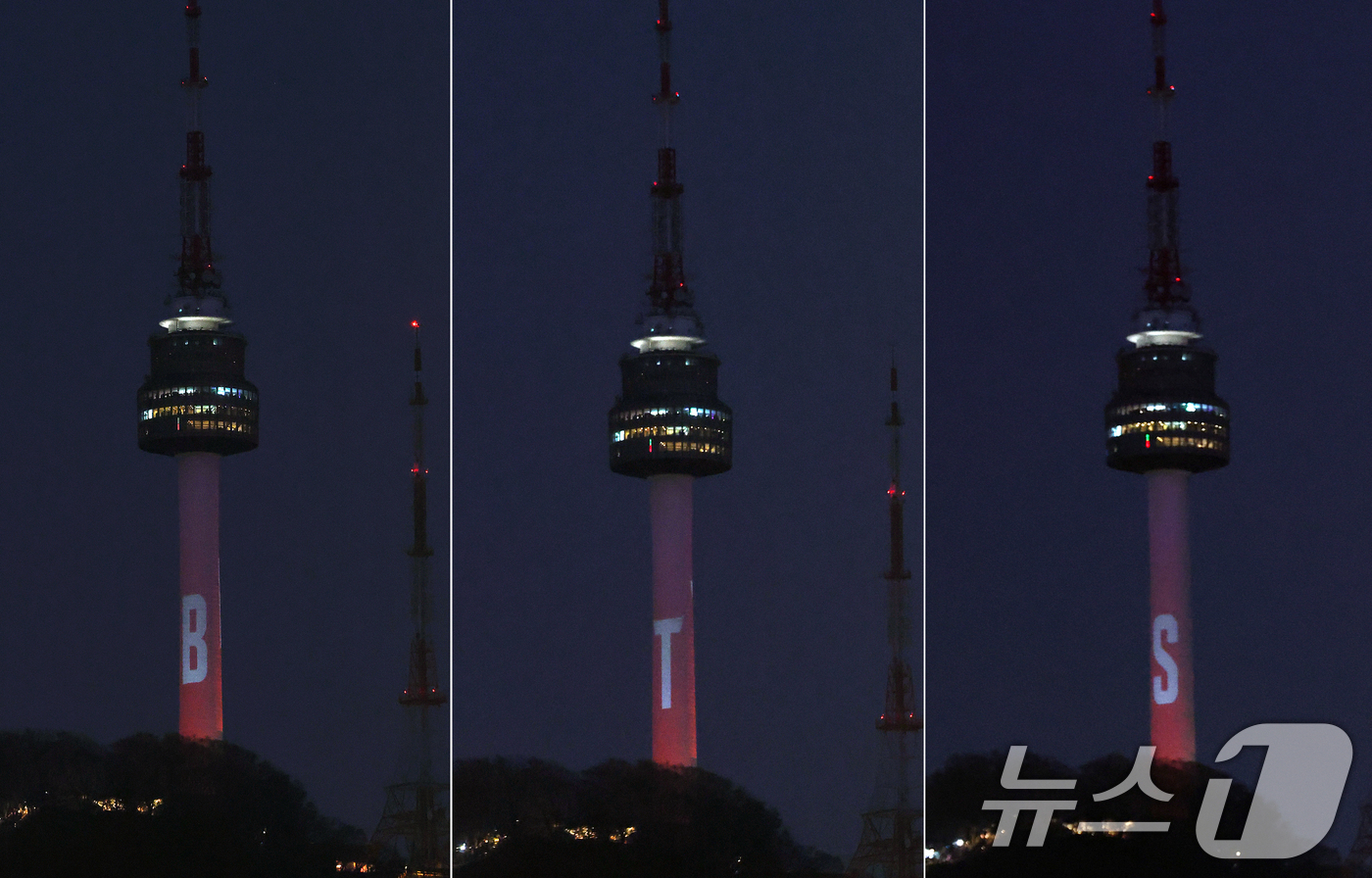 (서울=뉴스1) 오대일 기자 = 3년 9개월 만에 완전체로 컴백하는 방탄소년단(BTS)의 광화문 공연을 하루 앞둔 20일 오후 서울 중구 남산타워에 BTS 신보 '아리랑'(ARIR …