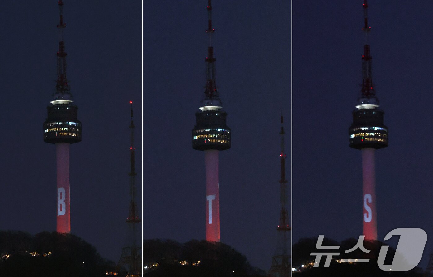 본문 이미지 - 3년 9개월 만에 완전체로 컴백하는 방탄소년단(BTS)의 광화문 공연을 하루 앞둔 20일 오후 서울 중구 남산타워에 BTS 신보 '아리랑'(ARIRANG)을 주제로 한 미디어 파사드가 펼쳐지고 있다. 2026.3.20 ⓒ 뉴스1 오대일 기자