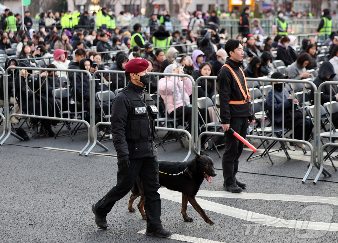 (서울=뉴스1) 김진환 기자 = 방탄소년단(BTS) 컴백 공연일인 21일 오후 서울 종로구 광화문광장에서 경찰특공대 대원이 폭발물 탐지견을 동원해 위험물을 수색하고 있다. 2026 …