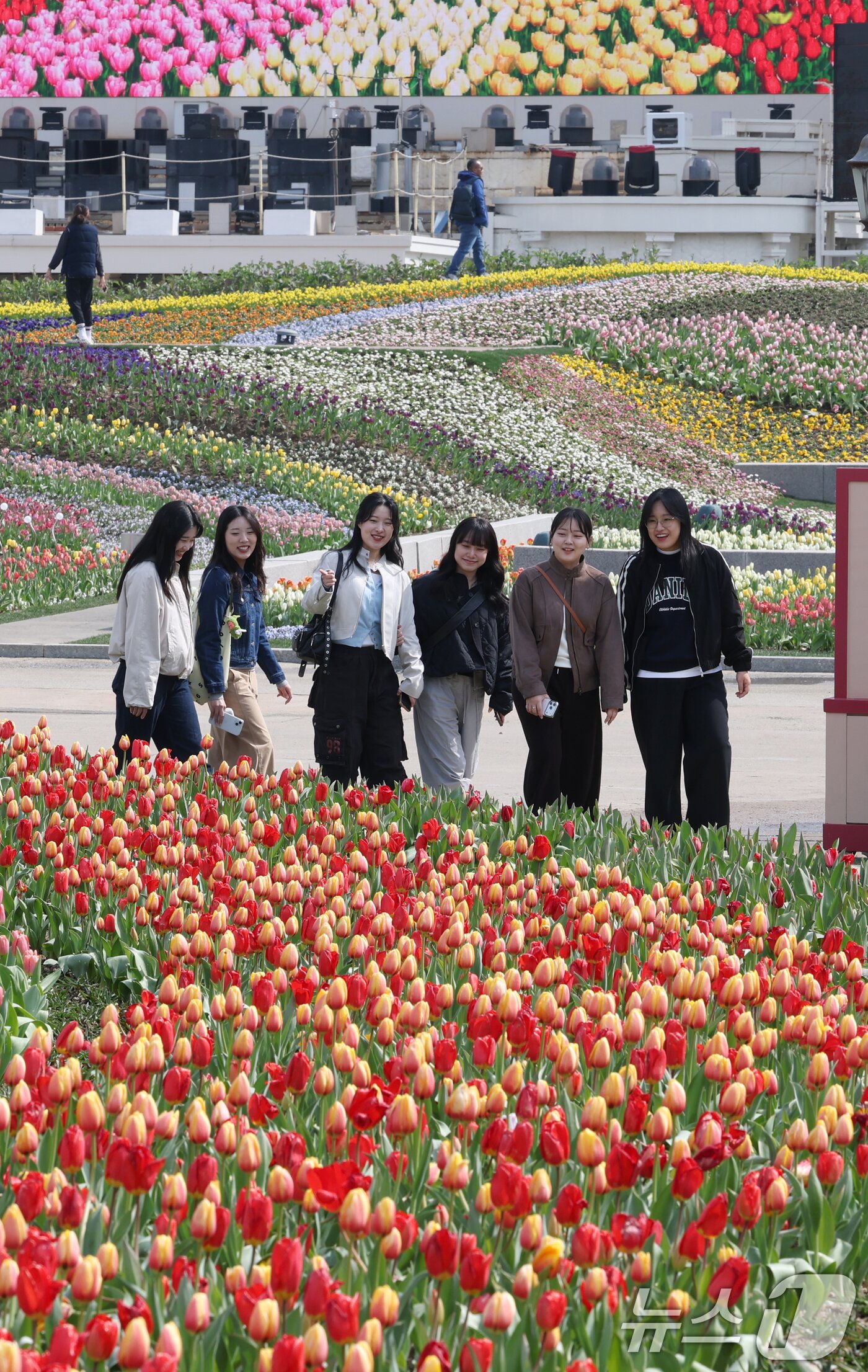 본문 이미지 - 22일 경기 용인시 처인구 에버랜드 포시즌스가든을 찾은 시민들이 튤립 사이에서 추억을 남기고 있다. 2026.3.22 ⓒ 뉴스1 김영운 기자