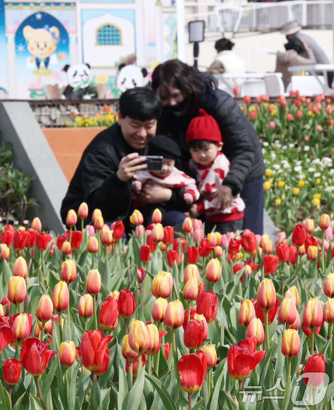 본문 이미지 - 22일 경기 용인시 처인구 에버랜드 포시즌스가든을 찾은 시민들이 튤립 사이에서 추억을 남기고 있다.  2026.3.22 ⓒ 뉴스1 김영운 기자