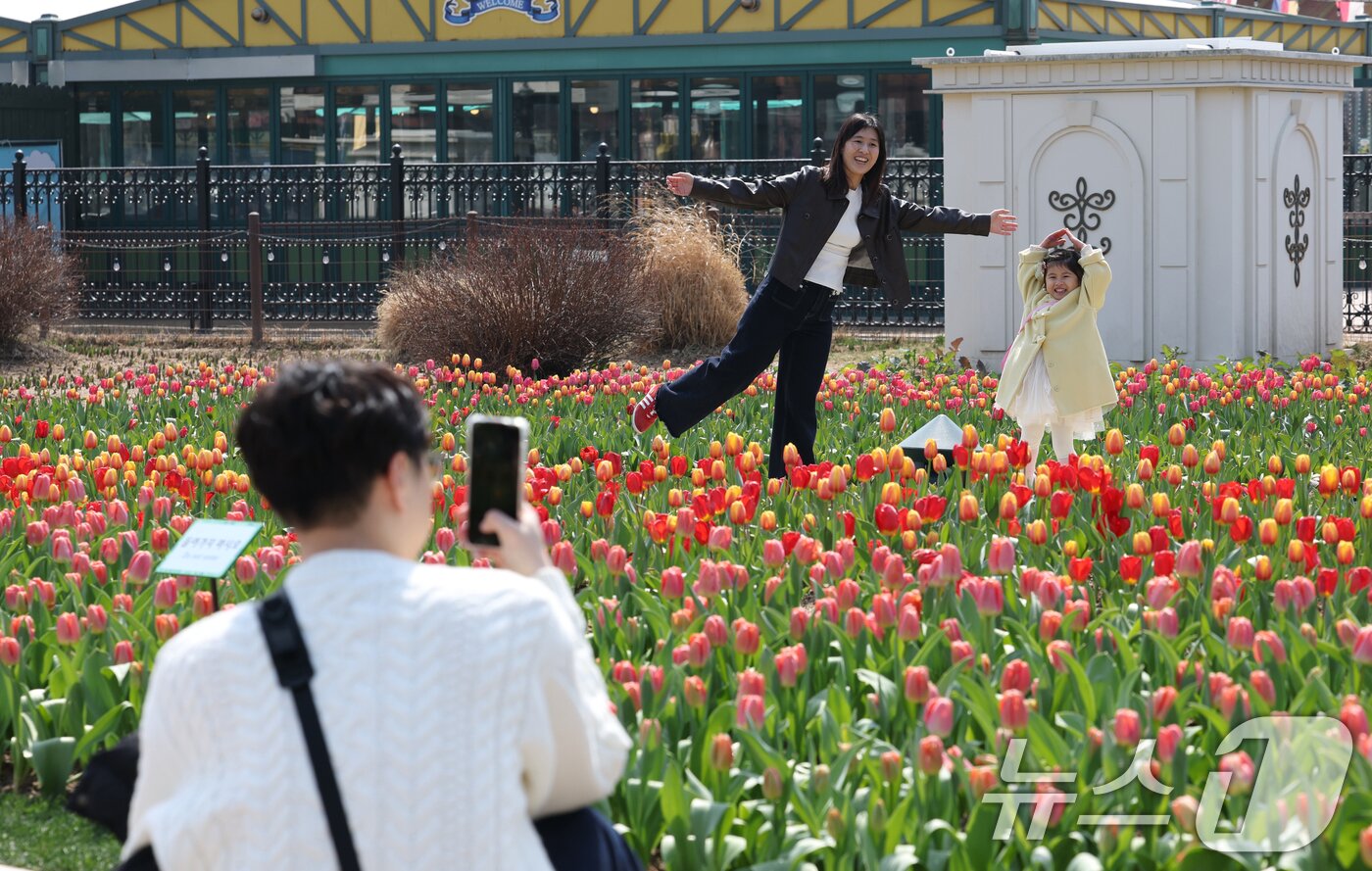 본문 이미지 - 22일 경기 용인시 처인구 에버랜드 포시즌스가든을 찾은 시민들이 튤립 사이에서 추억을 남기고 있다. 2026.3.22 ⓒ 뉴스1 김영운 기자