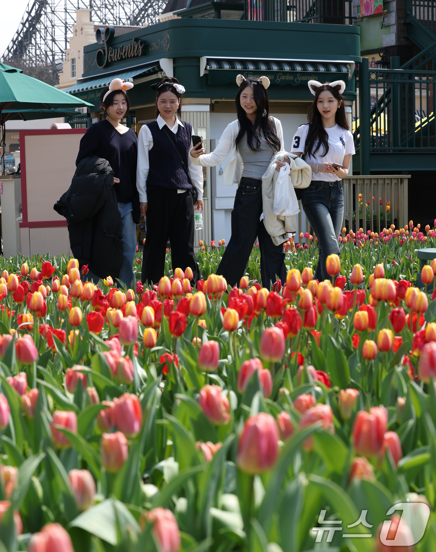 (용인=뉴스1) 김영운 기자 = 22일 경기 용인시 처인구 에버랜드 포시즌스가든을 찾은 시민들이 튤립 사이에서 추억을 남기고 있다.에버랜드는 튤립, 수선화, 무스카리 등 100여 …