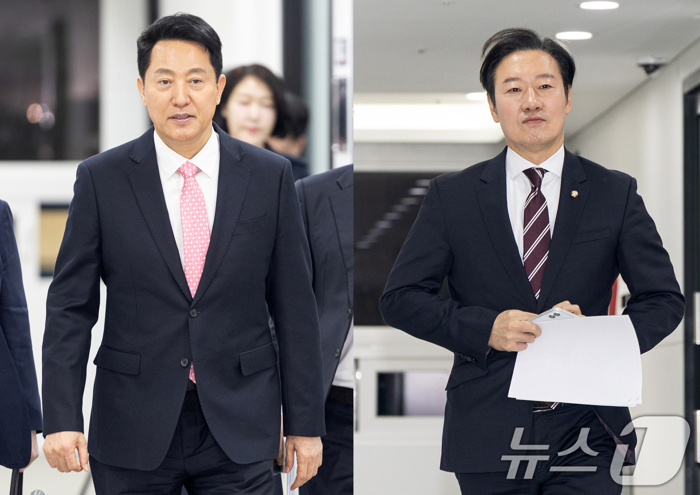 (서울=뉴스1) 이승배 기자 = 오세훈,박수민 국민의힘 서울시장 예비후보가 22일 서울 여의도 중앙당사에서 열린 후보자 면접을 위해 각각 발걸음을 옮기고 있다. 2026.3.22/ …