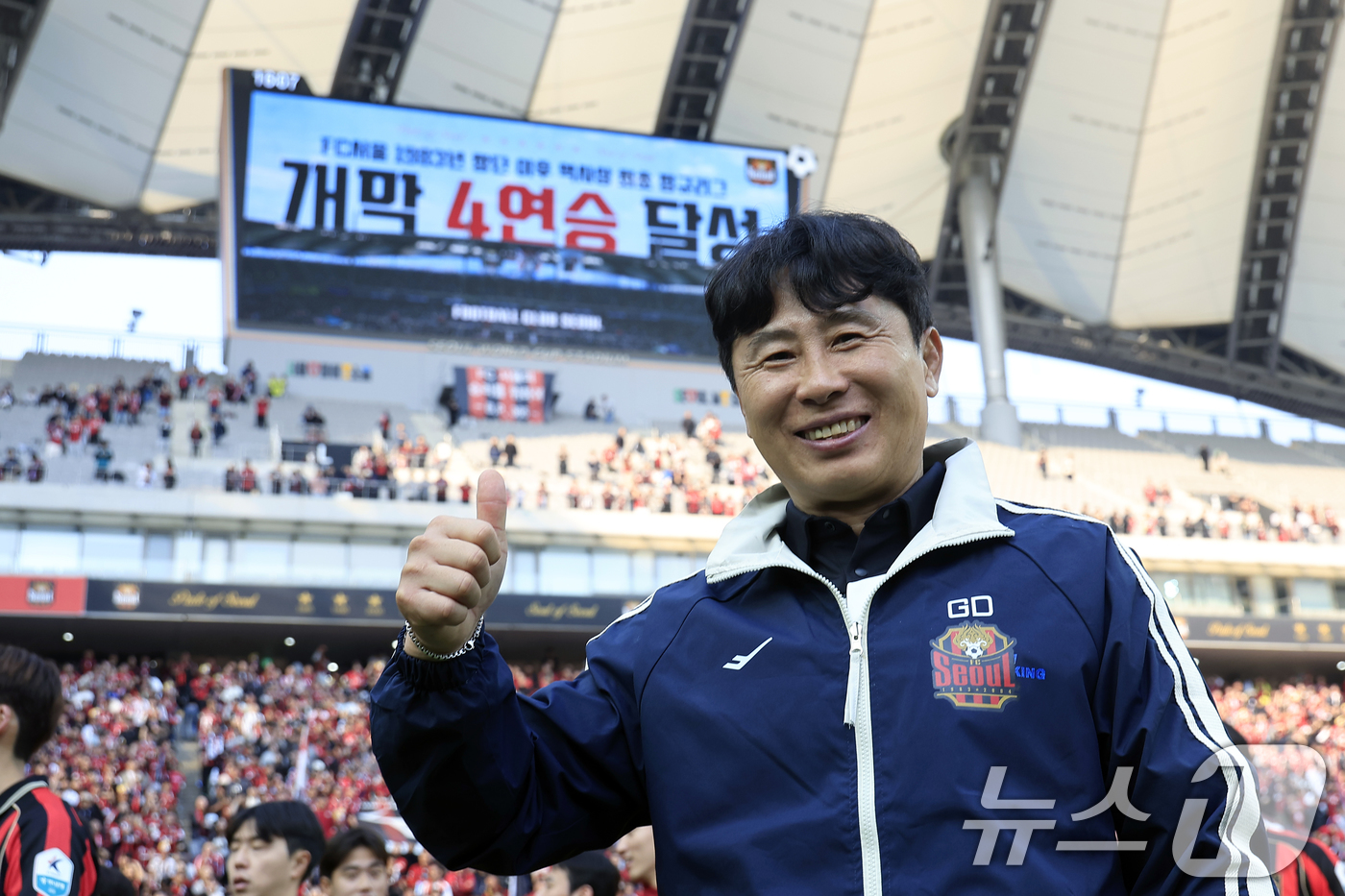 (서울=뉴스1) 박정호 기자 = 22일 오후 서울시 마포구 월드컵로 서울월드컵경기장에서 열린 하나은행 K리그1 2026 5라운드 FC서울과 광주FC의 경기에서 5대 0으로 승리한 …