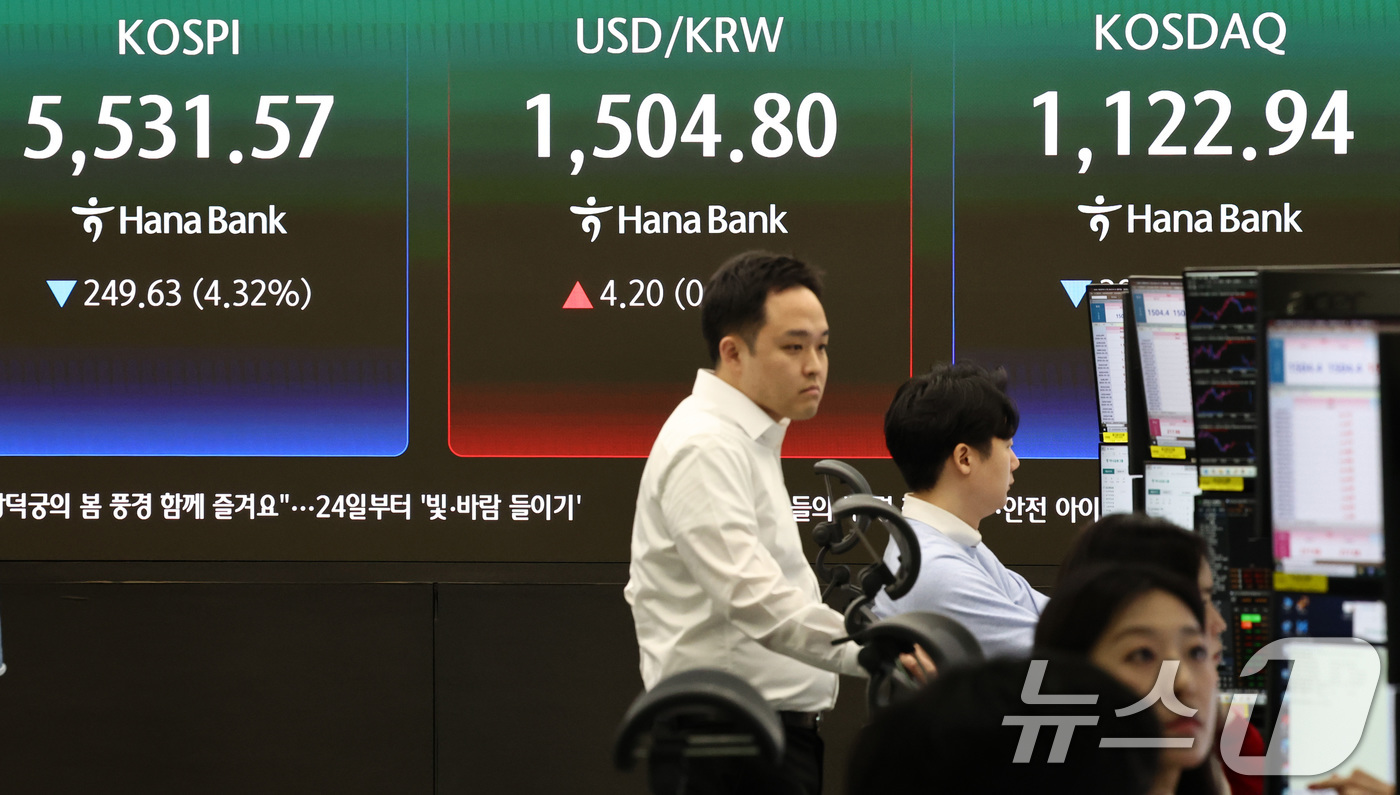 (서울=뉴스1) 최지환 기자 = 코스피가 장 초반 급락하며 매도 사이드카가 발동된 23일 오전 서울 중구 하나은행 딜링룸 전광판에 증시 시황이 표시되고 있다. 2026.3.23/뉴 …
