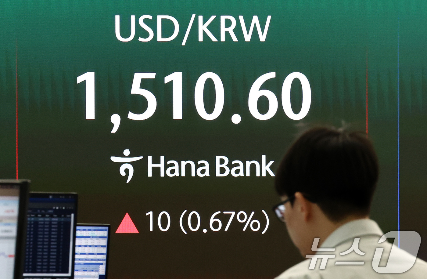 (서울=뉴스1) 최지환 기자 = 23일 오전 서울 중구 하나은행 딜링룸 전광판에 원·달러 환율이 1510.6원을 기록하고 있다.원·달러이 1510원을 넘은 것은 지난 2009년 글 …