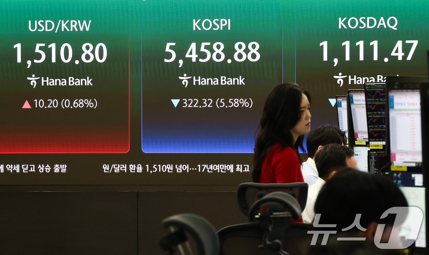 (서울=뉴스1) 최지환 기자 = 23일 오전 서울 중구 하나은행 딜링룸 전광판에 원·달러 환율이 1510.8원을 기록하고 있다.원·달러이 1510원을 넘은 것은 지난 2009년 글 …