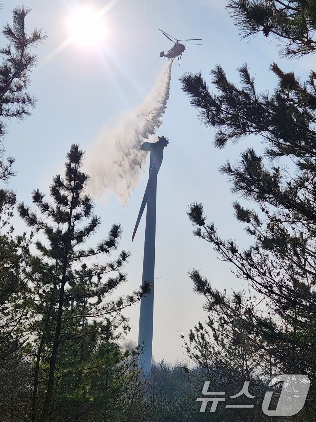 (영덕=뉴스1) 최창호 기자 = 23일 오후 1시 11분쯤 경북 영덕군 창포리 풍력발전단지 내 풍력발전기에서 불이나 산림진화 전문 헬기로 진화작업을 벌이고 있다.2026.3.23/ …