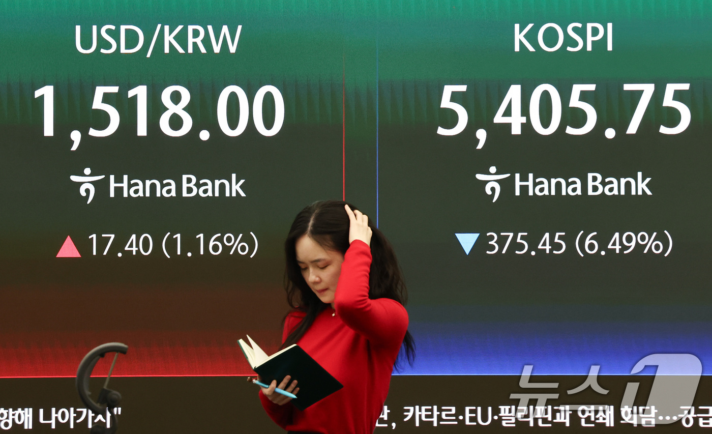 (서울=뉴스1) 최지환 기자 = 중동분쟁 불확실성이 고조되며 증시가 급락한 23일 오후 서울 중구 하나은행 딜링룸 전광판에 증시 종가가 표시되어 있다.이날 코스피는 전 거래일 대비 …