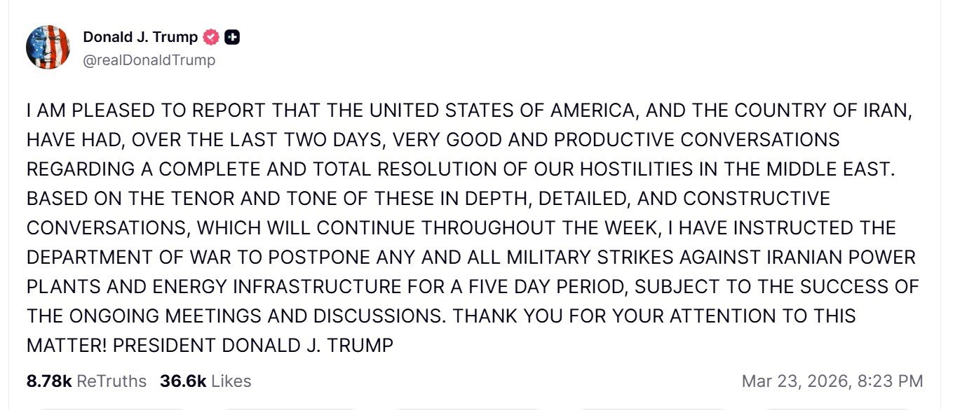 본문 이미지 -  트럼프 대통령의 트루스소셜 메시지/출처: 트루스소셜