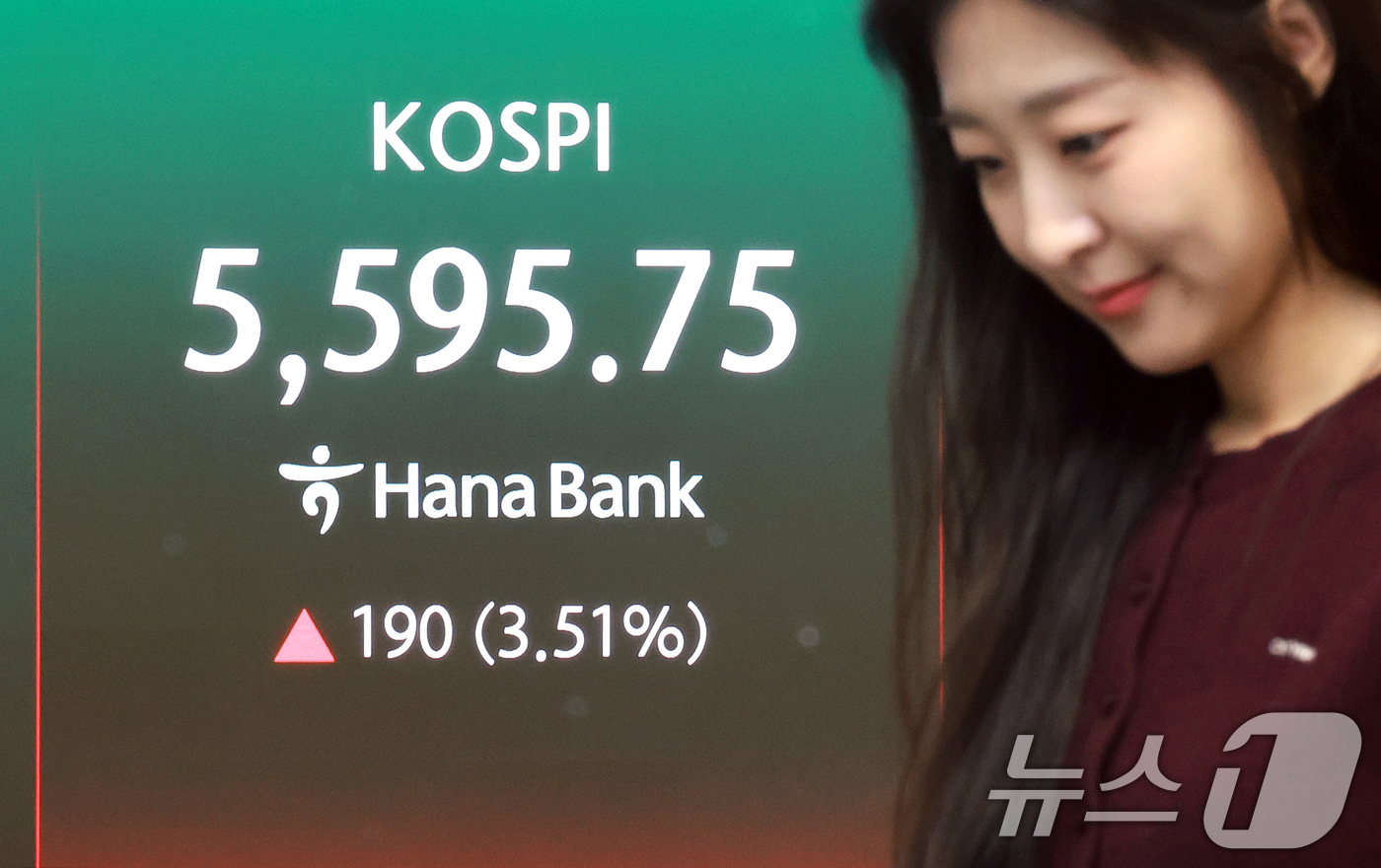 (서울=뉴스1) 이호윤 기자 = 24일 서울 중구 하나은행 딜링룸 전광판에 증시 시황이 표시되고 있다. 이날 코스피는 전 거래일 대비 232.45포인트(4.30%) 오른 5638. …