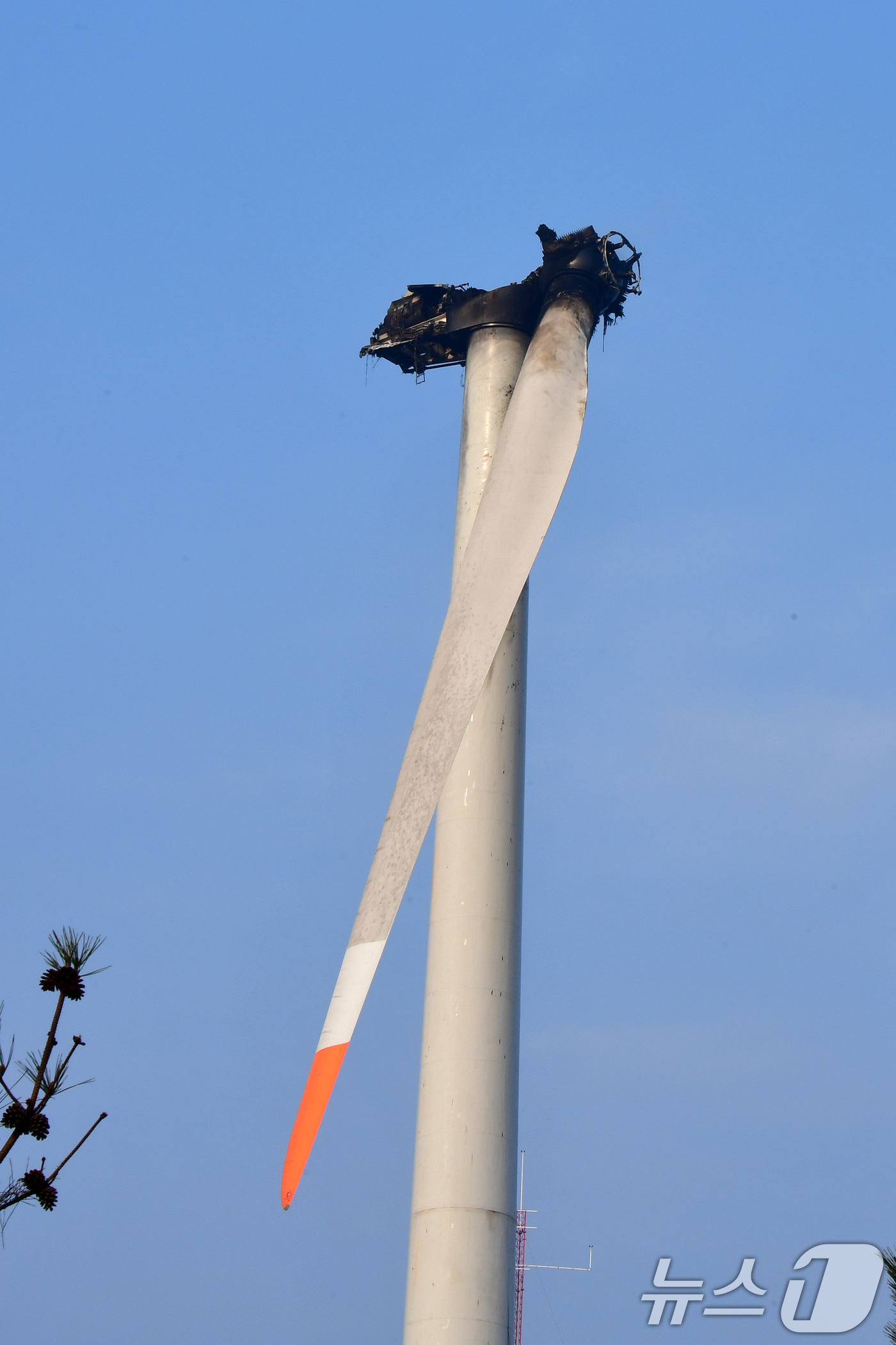 (영덕=뉴스1) 최창호 기자 = 경북 영덕군 창포리 풍력발전기 화재 사고 이틀째인 24일 오전 소방당국이 발전기 블레이드에 남아있는 불을 진화하고 있다.소방당국은 블레이드 3개 중 …