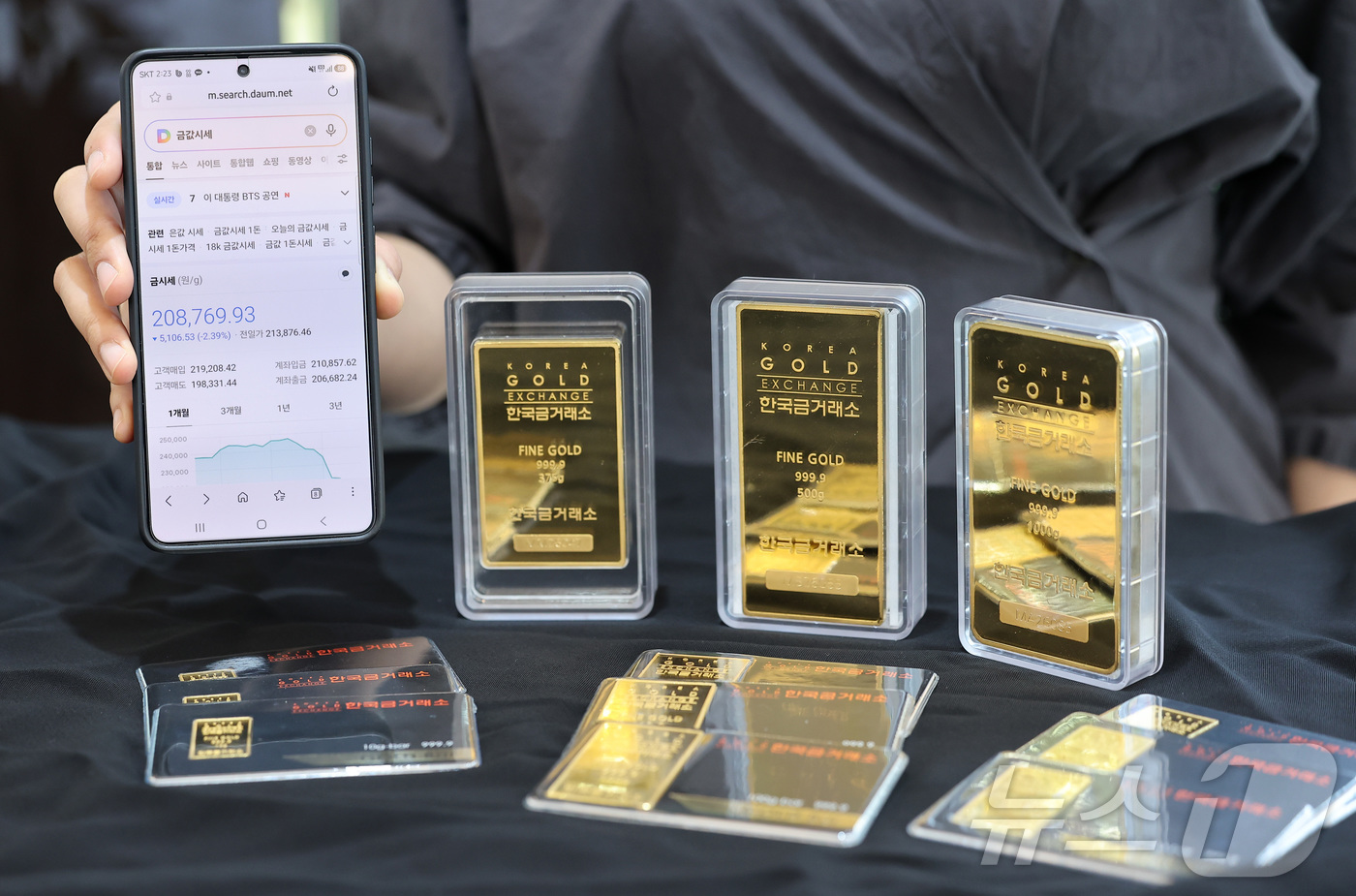 (서울=뉴스1) 김성진 기자 = 중동 전쟁의 불길이 거세지는 가운데 국내 금 시세가 8% 가까이 급락한 24일 서울 종로구 한국금거래소 본점에서 직원이 골드바 등 금 제품을 정리하 …