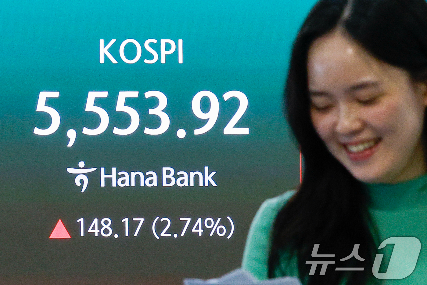 (서울=뉴스1) 안은나 기자 = 코스피가 5500선을 회복한 24일 오후 서울 중구 하나은행 본점 딜링룸 전광판에 종가가 나오고 있다.이날 코스피지수는 전일 대비 148.17포인트 …