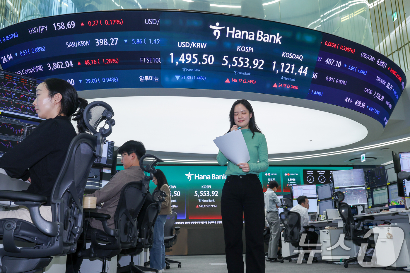 (서울=뉴스1) 안은나 기자 = 코스피가 5500선을 회복한 24일 오후 서울 중구 하나은행 본점 딜링룸 전광판에 종가가 나오고 있다.이날 코스피지수는 전일 대비 148.17포인트 …