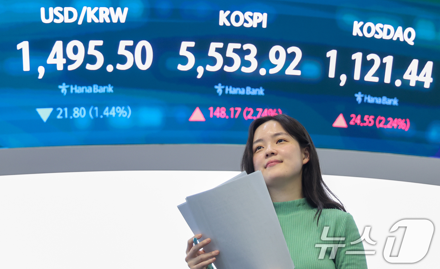 (서울=뉴스1) 안은나 기자 = 코스피가 5500선을 회복한 24일 오후 서울 중구 하나은행 본점 딜링룸 전광판에 종가가 나오고 있다.이날 코스피지수는 전일 대비 148.17포인트 …