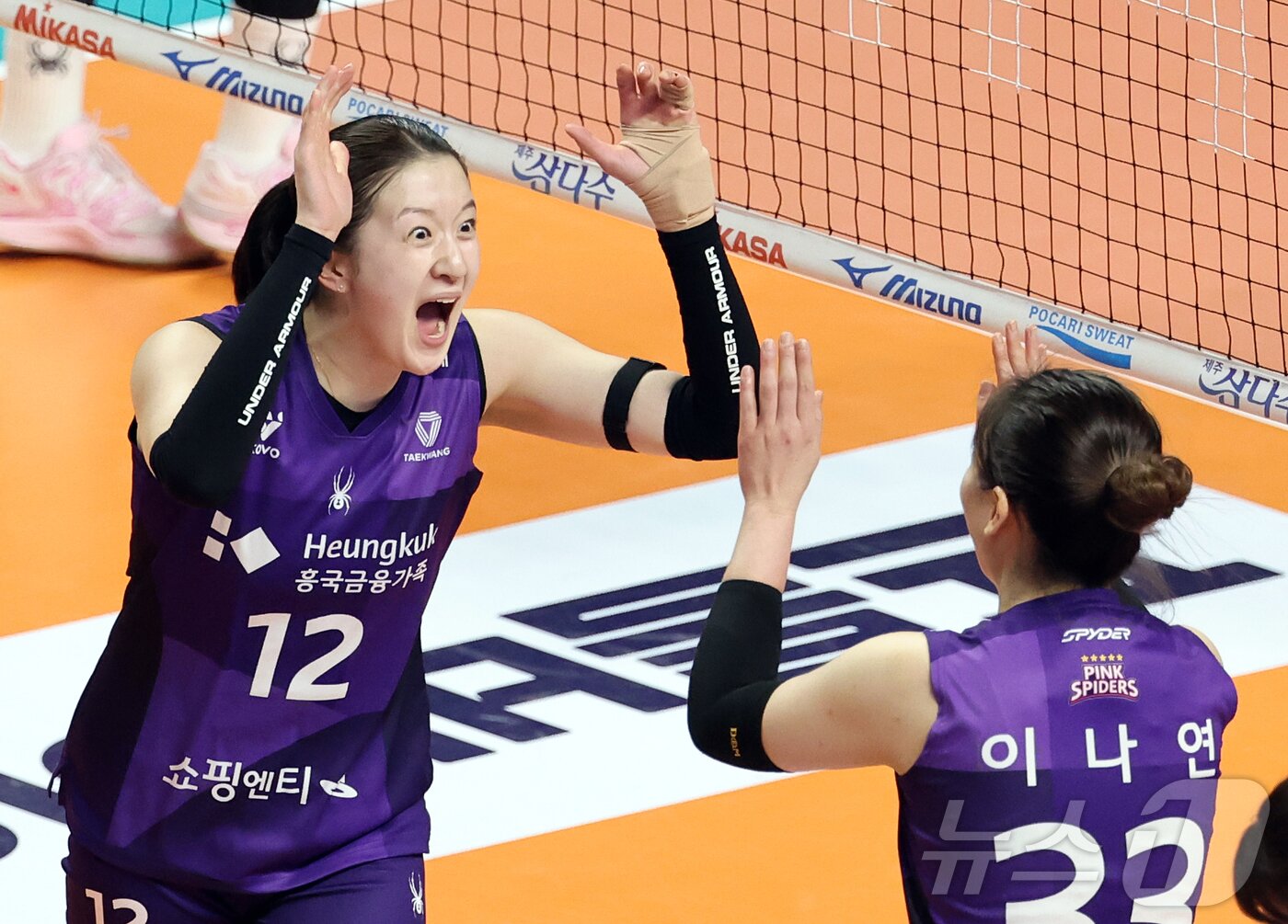 본문 이미지 - 24일 오후 서울 중구 장충체육관에서 열린 2025-26 V리그 여자부 준플레이오프 GS칼텍스와 흥국생명의 경기, 흥국생명 이다현이 1세트를 끝내는 득점에 성공 후 환호하고 있다. 2026.3.24 ⓒ 뉴스1 김진환 기자