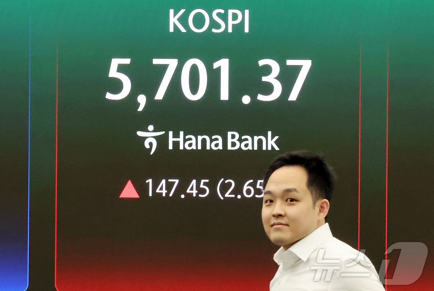 (서울=뉴스1) 김진환 기자 = 25일 서울 중구 하나은행 딜링룸 전광판에 증시 시황이 표시되고 있다.이날 코스피는 전 거래일 대비 147.45포인트(2.65%) 오른 5701.3 …