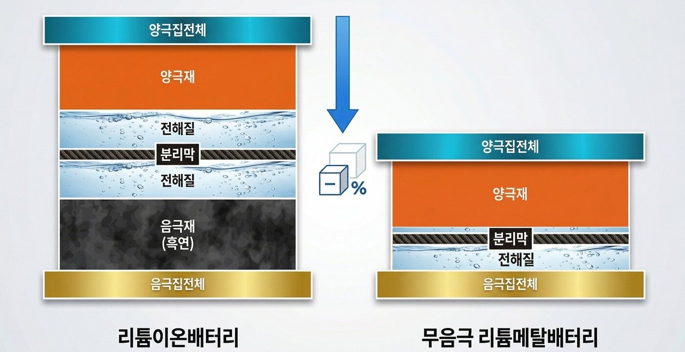 본문 이미지 - 기존 리튬이온 배터리와 차세대 무음극 리튬메탈 배터리의 구조(자료사진. 포스코퓨처엠 제공). 2026.3.25.