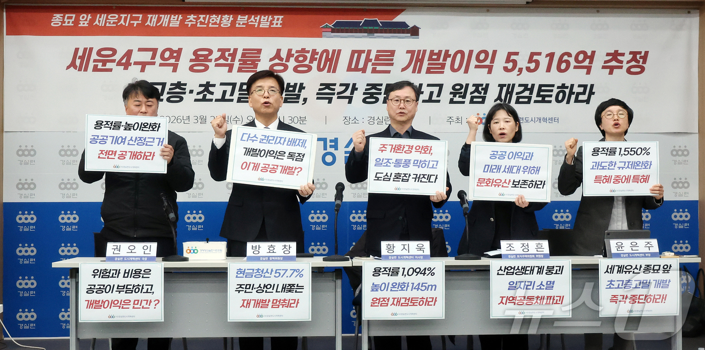 (서울=뉴스1) 김진환 기자 = 경제정의실천시민연합 관계자들이 25일 오전 서울 종로구 경실련 강당에서 열린 종묘 앞 세운지구 재개발 추진현황 분석발표 기자회견에서 구호를 외치고 …
