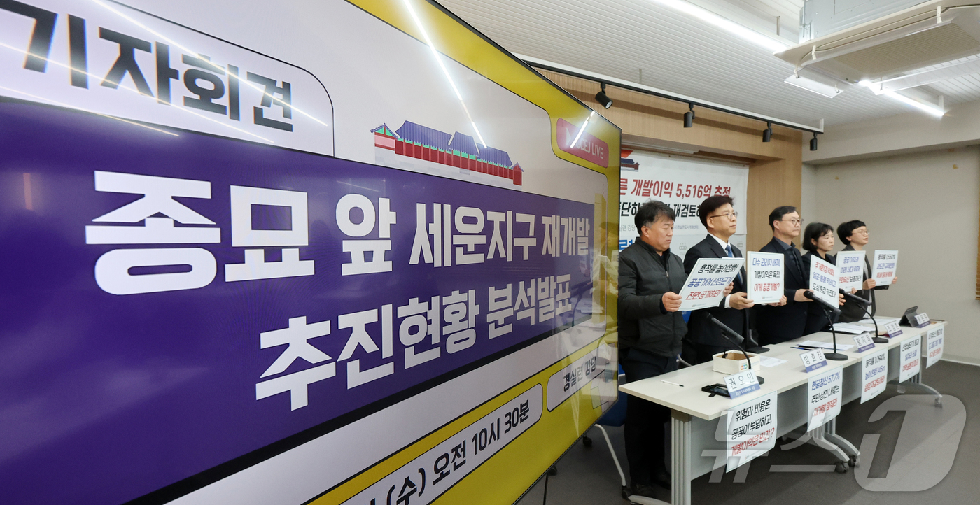 (서울=뉴스1) 김진환 기자 = 경제정의실천시민연합 관계자들이 25일 오전 서울 종로구 경실련 강당에서 열린 종묘 앞 세운지구 재개발 추진현황 분석발표 기자회견에서 구호를 외치고 …