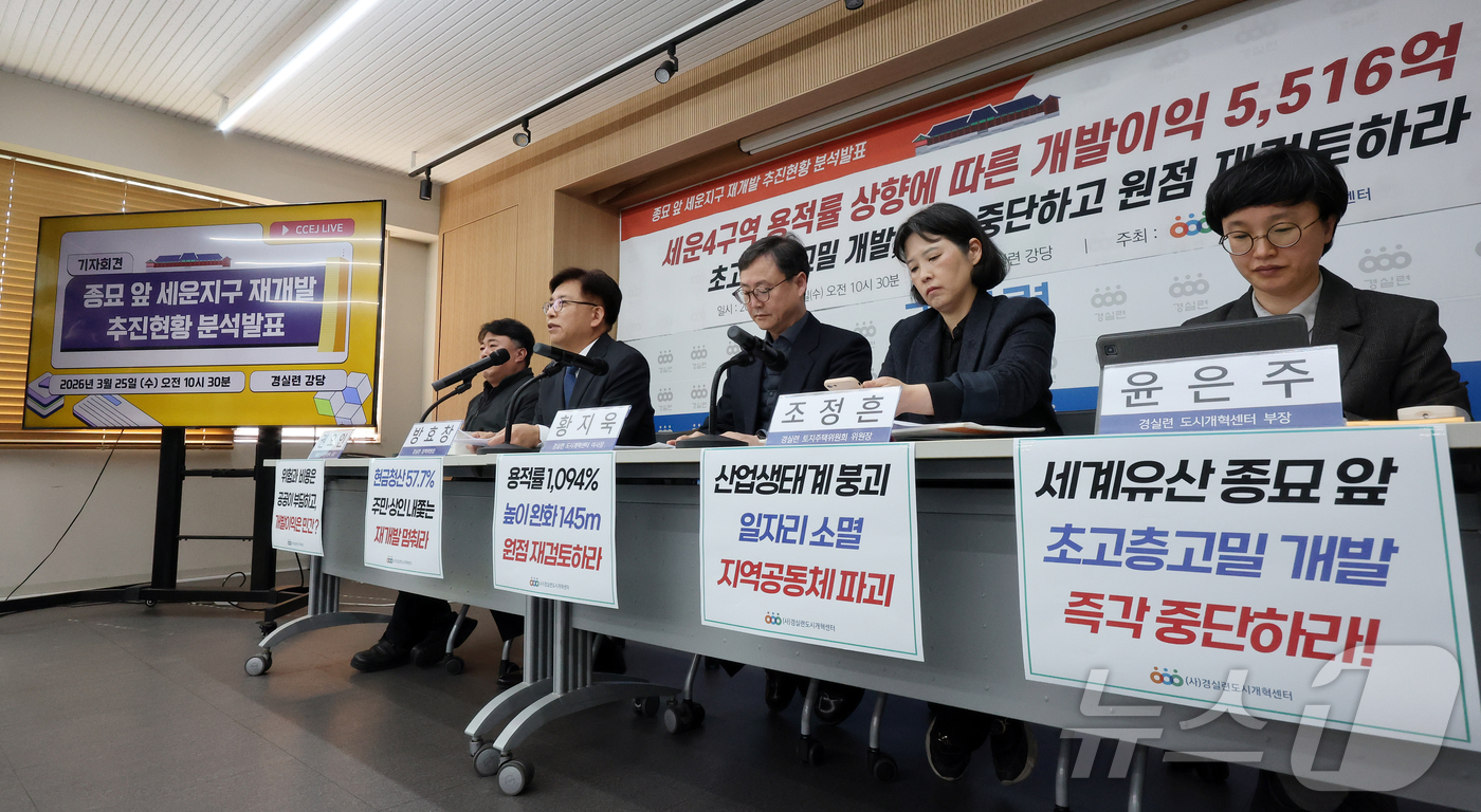 (서울=뉴스1) 김진환 기자 = 경제정의실천시민연합 관계자들이 25일 오전 서울 종로구 경실련 강당에서 종묘 앞 세운지구 재개발 추진 현황에 대한 분석 발표 기자회견을 하고 있다. …