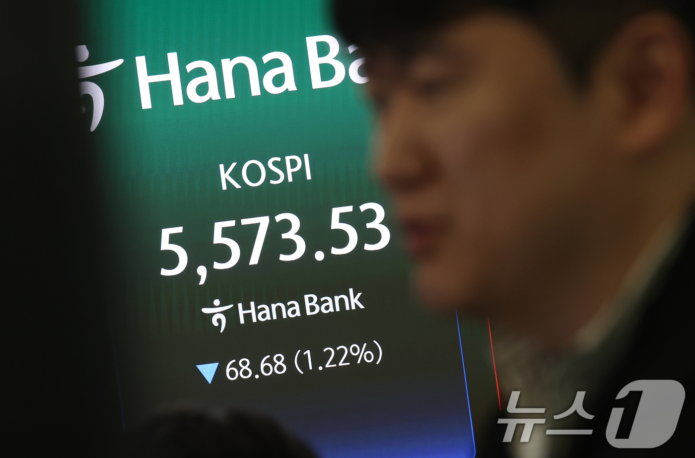 (서울=뉴스1) 오대일 기자 = 26일 서울 중구 하나은행 딜링룸 전광판에 코스피 시황이 표시되고 있다. 이날 코스피는 전 거래일 대비 0.85% 하락한 5594.06으로 출발했다 …