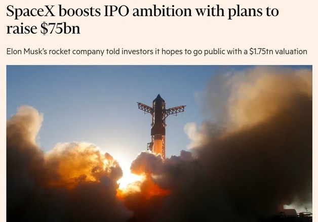 "스페이스X IPO 금액 750억달러, 6월 말 상장"-FT
