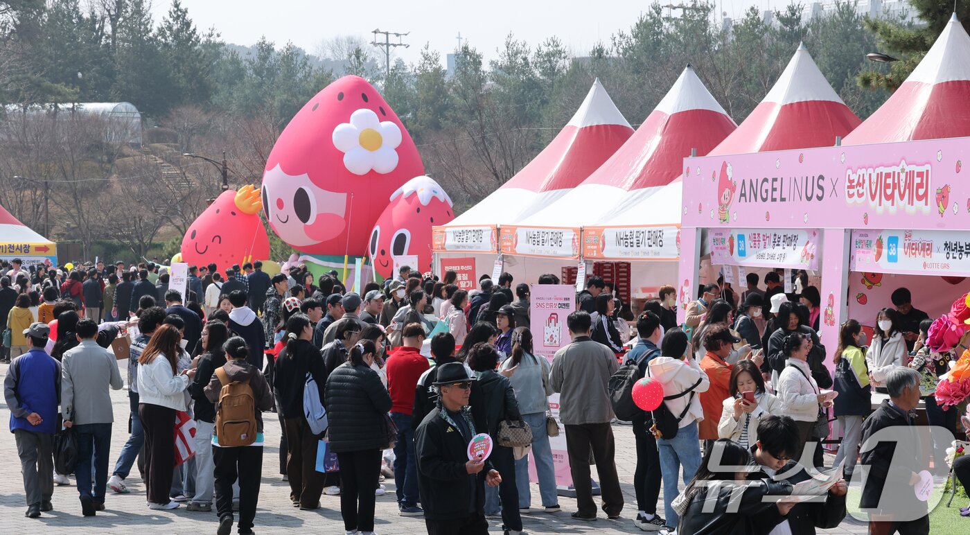 본문 이미지 - 충남 논산 딸기축제가 개막한 26일 논산시민가족공원 행사장이 관광객들로 붐비고 있다. 2026.3.26 ⓒ 뉴스1 김기태 기자