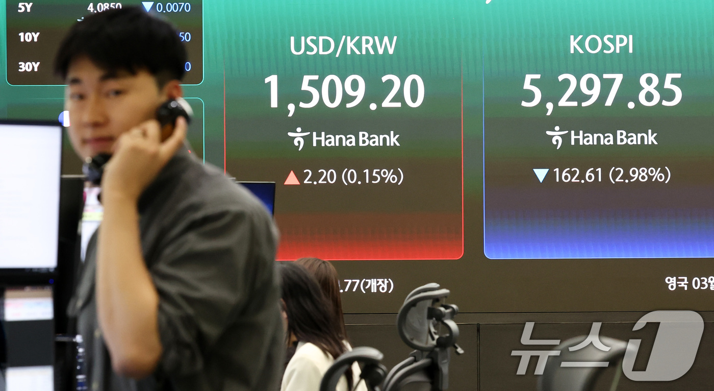(서울=뉴스1) 최지환 기자 = 미국·이란의 휴전 기대감이 낮아지며 코스피가 하락 출발한 27일 오전 서울 중구 하나은행 딜링룸 전광판에 증시 시황이 표시되고 있다. 2026.3. …