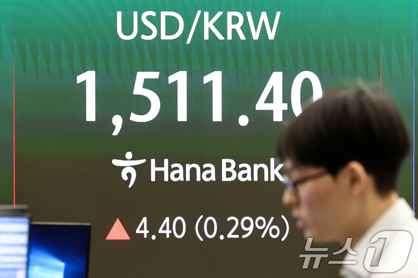 (서울=뉴스1) 최지환 기자 = 미국·이란의 휴전 기대감이 낮아지며 원·달러 환율이 상승하고 있는 27일 오전 서울 중구 하나은행 딜링룸 전광판에 원·달러 환율이 1511.4원을 …