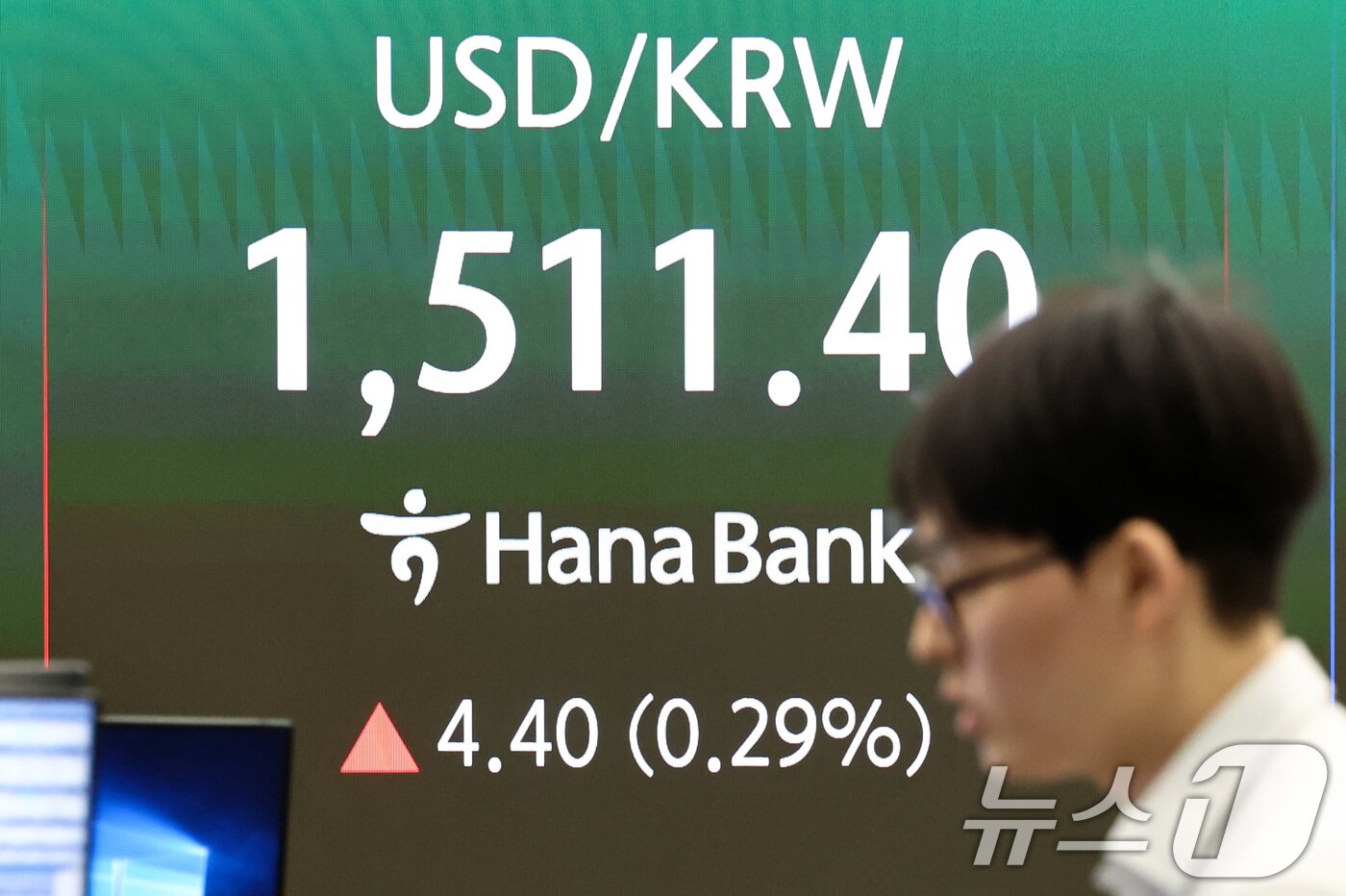 본문 이미지 - 미국·이란의 휴전 기대감이 낮아지며 원·달러 환율이 상승하고 있는 27일 오전 서울 중구 하나은행 딜링룸 전광판에 원·달러 환율이 1511.4원을 표시하고 있다. 2026.3.27 ⓒ 뉴스1 최지환 기자