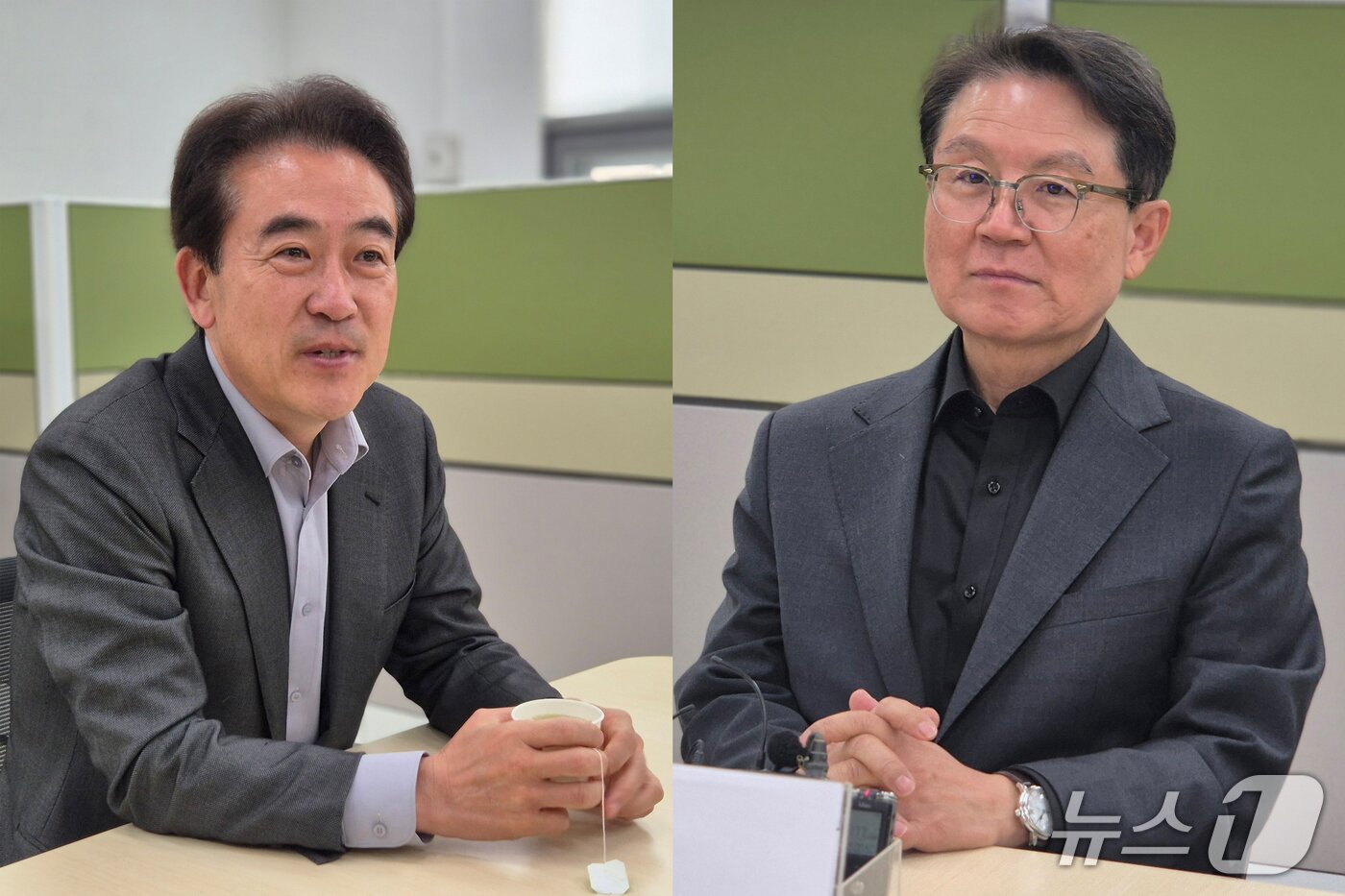 본문 이미지 - 윤희근 전 경찰청장과 윤갑근 변호사가 27일 충북도청을 찾아 충북지사 선거와 관련한 입장을 밝히고 있다.