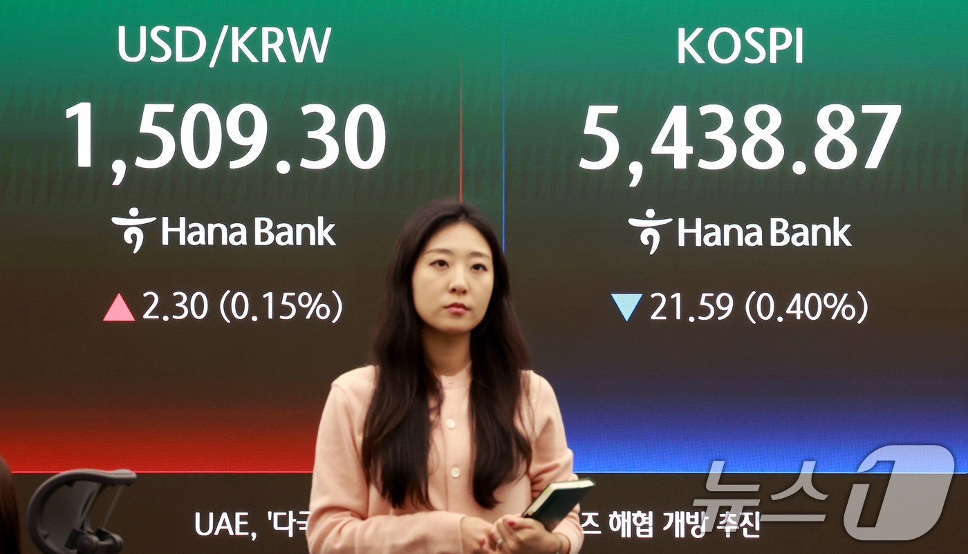 (서울=뉴스1) 이호윤 기자 = 27일 서울 중구 하나은행 본점 딜링룸 전광판에 종가가 표시되고 있다. 이날 코스피지수는 전일 대비 21.59포인트(p)(0.40%) 내린 5438 …