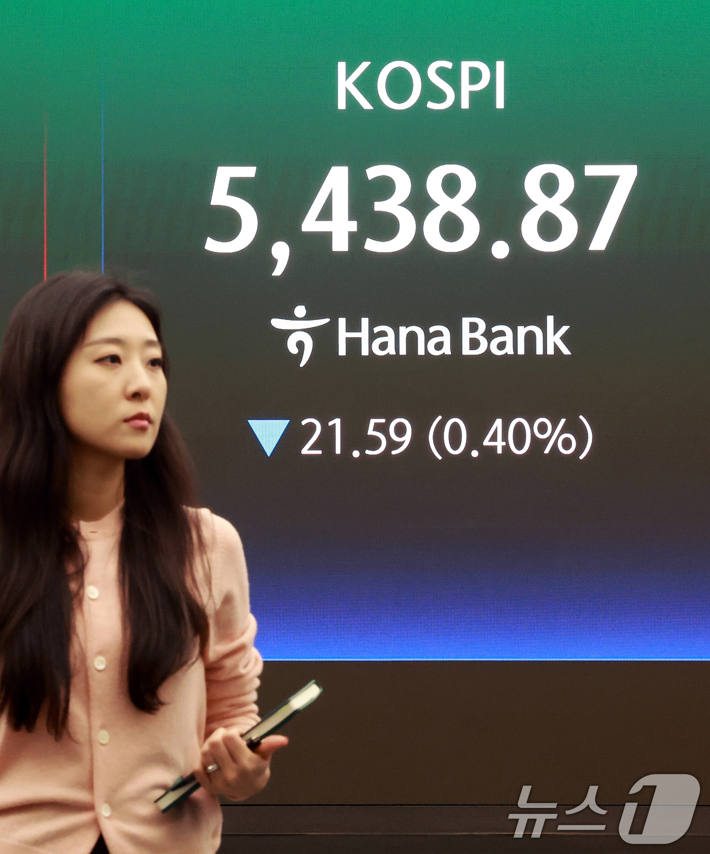 (서울=뉴스1) 이호윤 기자 = 27일 서울 중구 하나은행 본점 딜링룸 전광판에 종가가 표시되고 있다. 이날 코스피지수는 전일 대비 21.59포인트(p)(0.40%) 내린 5438 …