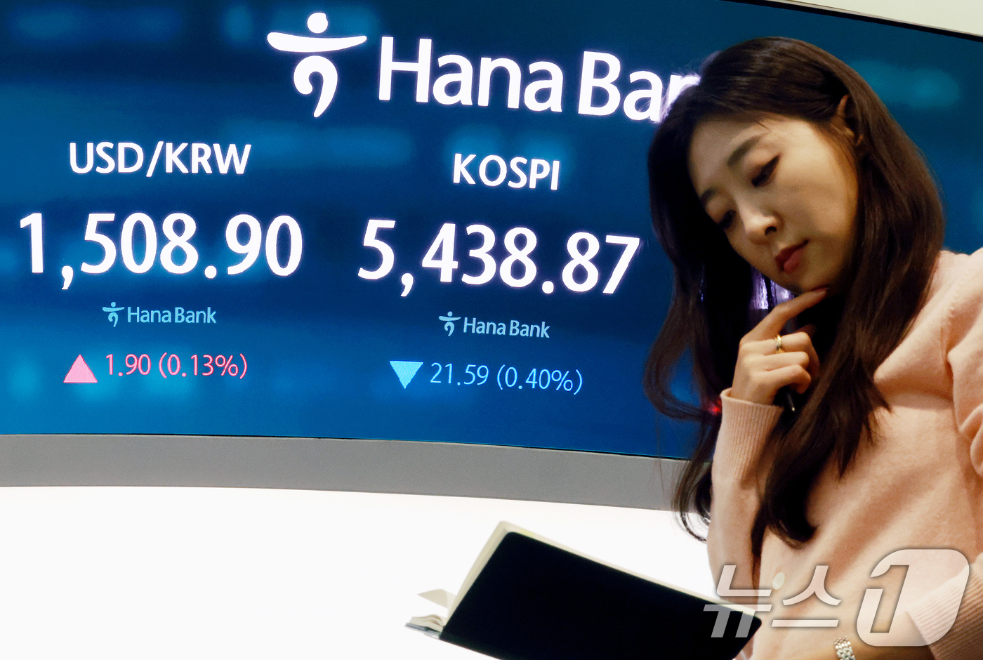 (서울=뉴스1) 이호윤 기자 = 27일 서울 중구 하나은행 본점 딜링룸 전광판에 종가가 표시되고 있다. 이날 코스피지수는 전일 대비 21.59포인트(p)(0.40%) 내린 5438 …