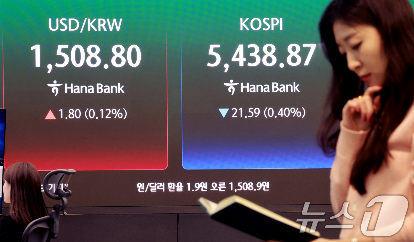 (서울=뉴스1) 이호윤 기자 = 27일 서울 중구 하나은행 본점 딜링룸 전광판에 종가가 표시되고 있다. 이날 코스피지수는 전일 대비 21.59포인트(p)(0.40%) 내린 5438 …