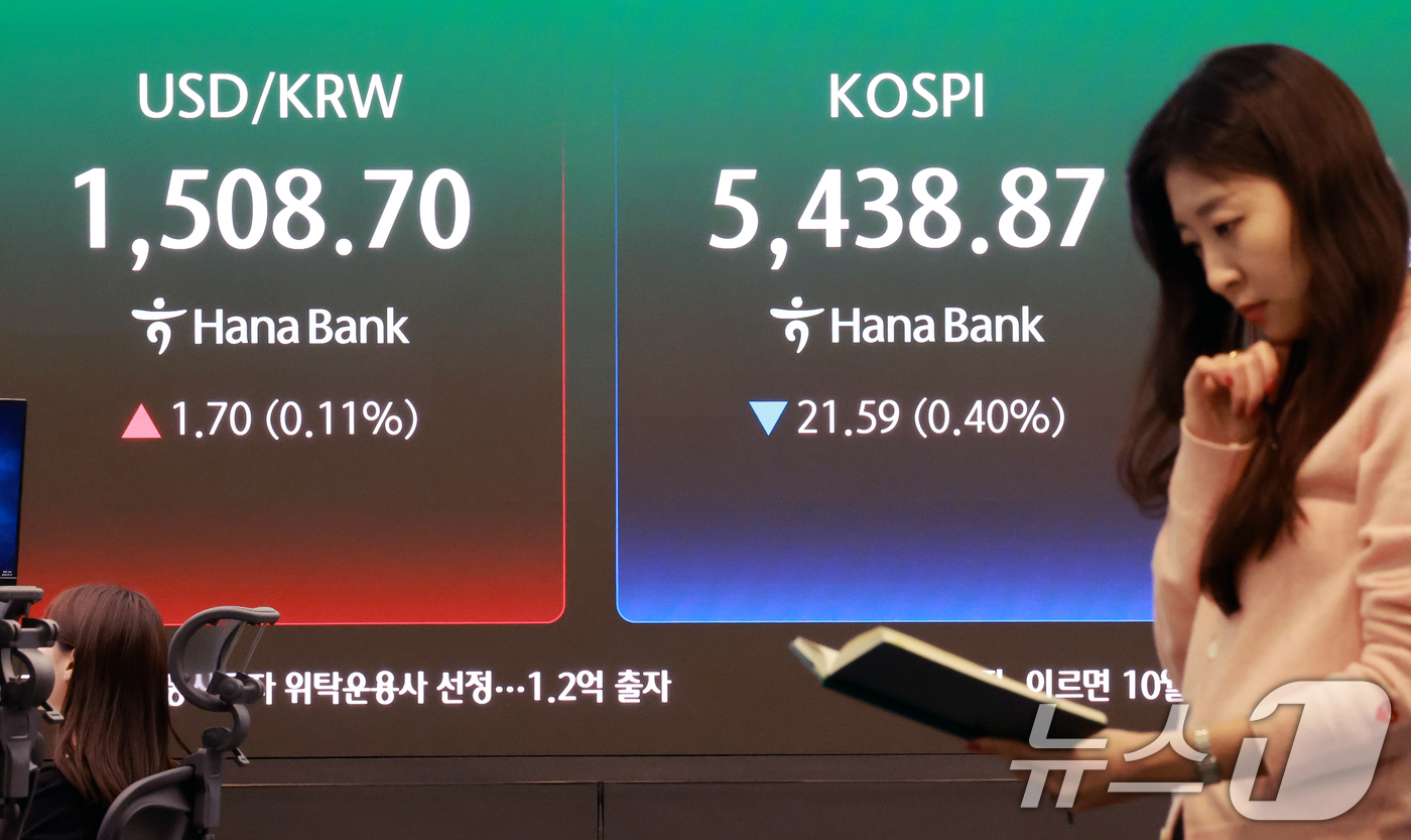 (서울=뉴스1) 이호윤 기자 = 27일 서울 중구 하나은행 본점 딜링룸 전광판에 종가가 표시되고 있다. 이날 코스피지수는 전일 대비 21.59포인트(p)(0.40%) 내린 5438 …