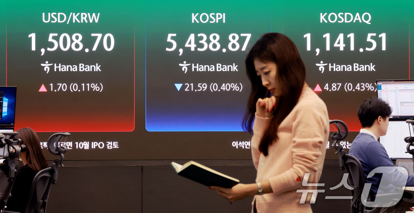 (서울=뉴스1) 이호윤 기자 = 27일 서울 중구 하나은행 본점 딜링룸 전광판에 종가가 표시되고 있다. 이날 코스피지수는 전일 대비 21.59포인트(p)(0.40%) 내린 5438 …