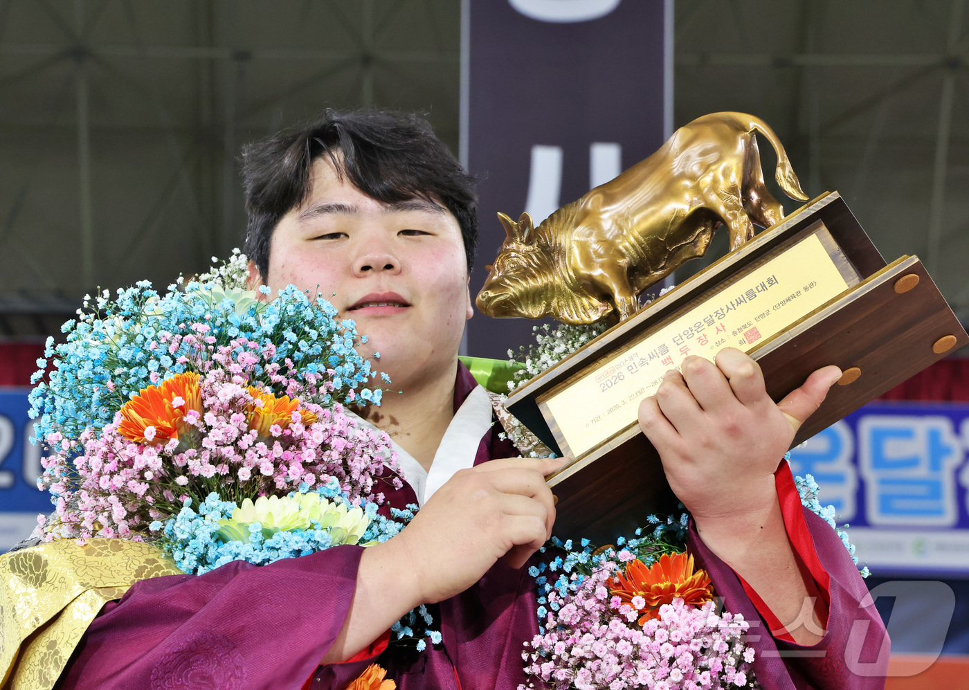 (서울=뉴스1) = 28일 충북 단양군 단양체육관에서 열린 '위더스제약 2026 민속씨름 단양온달장사씨름대회' 백두장사(140kg이하)에 등극한 김민재(영암군민속씨름단)가 황소트로 …