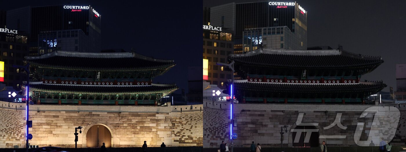 본문 이미지 - 지구촌 전등 끄기 행사 '어스아워 캠페인'이 열린 28일 서울 중구 숭례문에 불이 켜진 모습(왼쪽)과 불이 꺼진 모습. 2026.3.28 ⓒ 뉴스1 김진환 기자