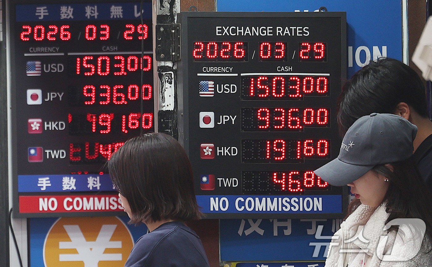 (서울=뉴스1) 박지혜 기자 = 29일 서울 중구 명동의 한 환전소 전광판에 원·달러 환율이 표시되고 있다. 원·달러 환율은 1500원대에서 좀처럼 내려오지 못한 채 고공비행을 이 …