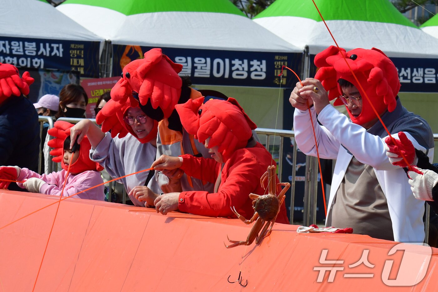 본문 이미지 - 29일 제29회 경북 영덕대게축제가 열린 강구항 해파랑공원에서 가족과 함께 온 관광객들이 대게낚시 체험을 하고 있다. 2026.3.29 ⓒ 뉴스1 최창호 기자