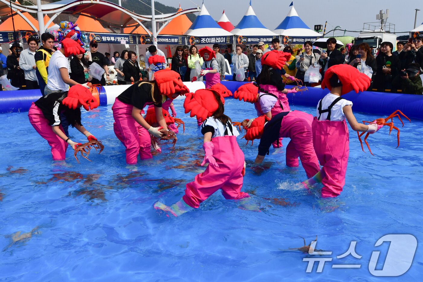 본문 이미지 - 29일 제29회 경북 영덕대게축제가 열린 강구항 해파랑공원에서 가족과 함께 온 어린이들이 대게 맨손잡기 체험을 하고 있다. 2026.3.29 ⓒ 뉴스1 최창호 기자