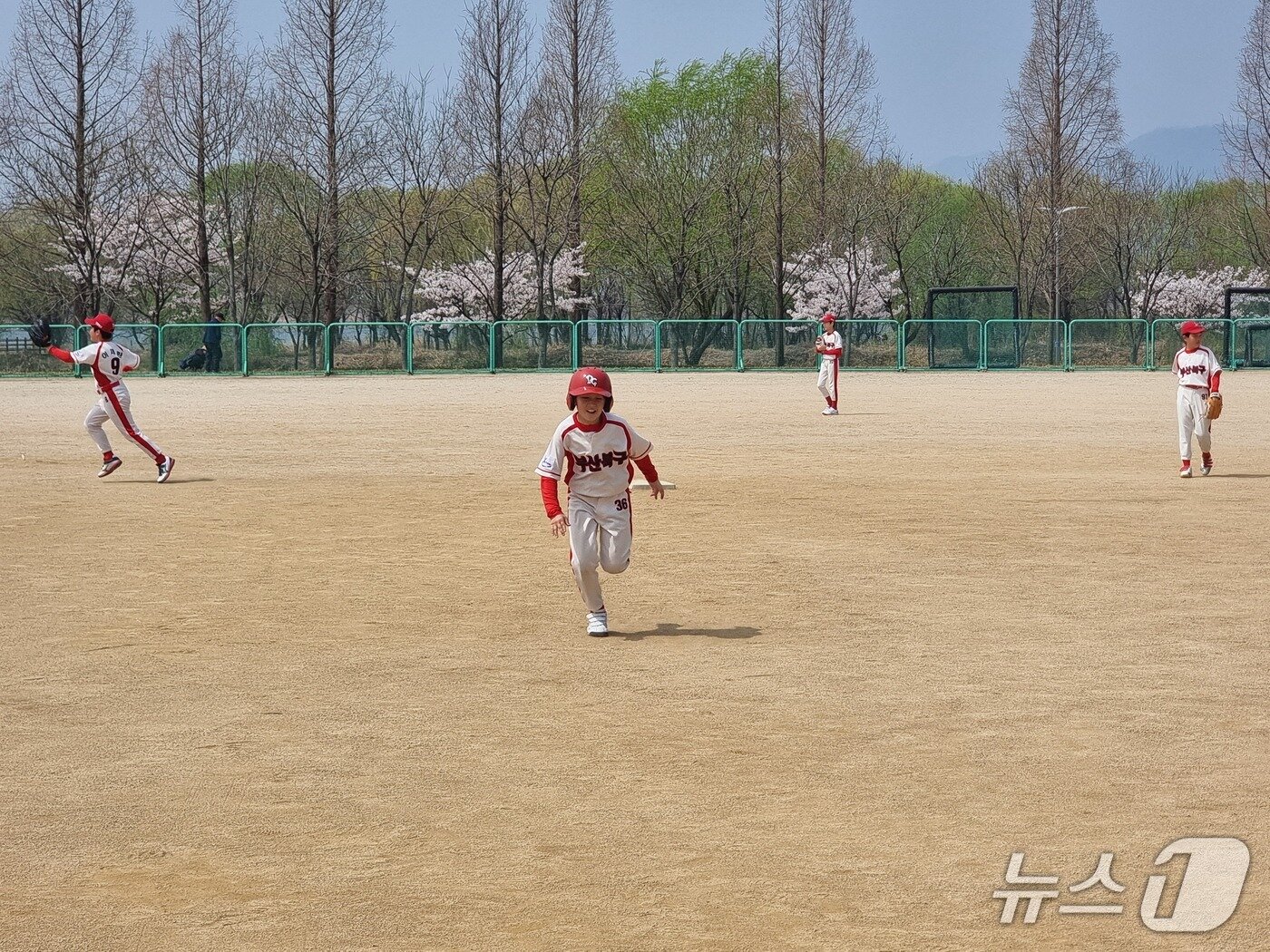 본문 이미지 - 화명생태공원 내 야구장에서는 유니폼을 맞춰 입은 어린이 야구단원들이 흙먼지를 일으키며 야구 경기를 하고 있다. 2026.3.29/뉴스1 ⓒ News1 임순택 기자