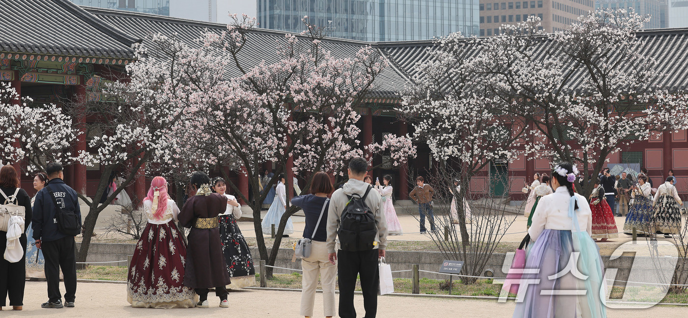 (서울=뉴스1) 박지혜 기자 = 포근한 날씨를 보인 29일 서울 종로구 경복궁을 찾은 외국인관광객들이 봄꽃을 배경으로 추억을 남기고 있다. 2026.3.29/뉴스1