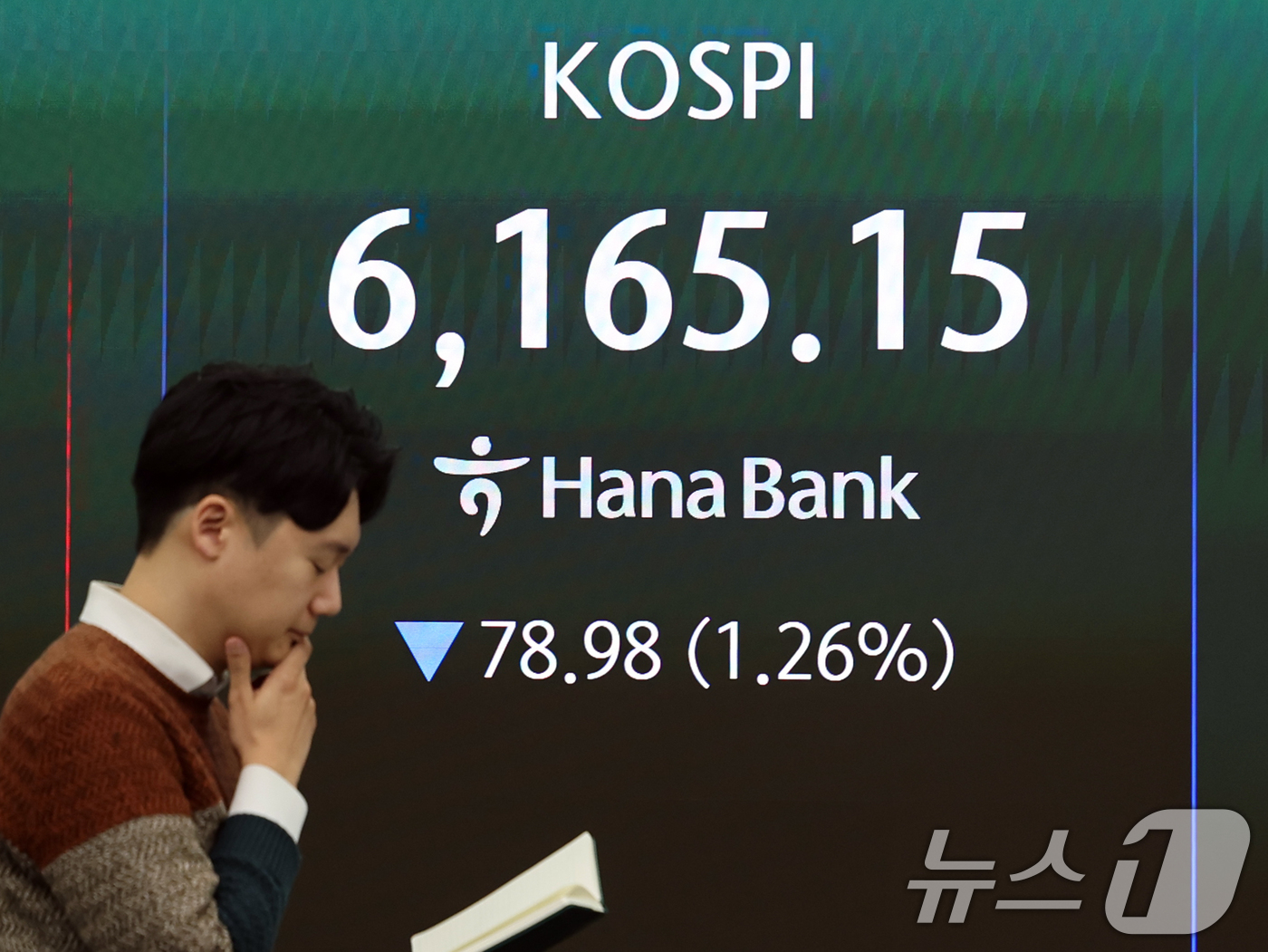 (서울=뉴스1) 황기선 기자 = 미국이 이란 공습 후 처음으로 장이 열린 3일 오전 서울 중구 하나은행 본점 딜링룸 전광판에 코스피 지수가 나오고 있다.이날 코스피는 전 거래일보다 …