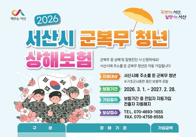 서산시, 군 복무 청년 상해보험 지원…최대 5000만원 보장